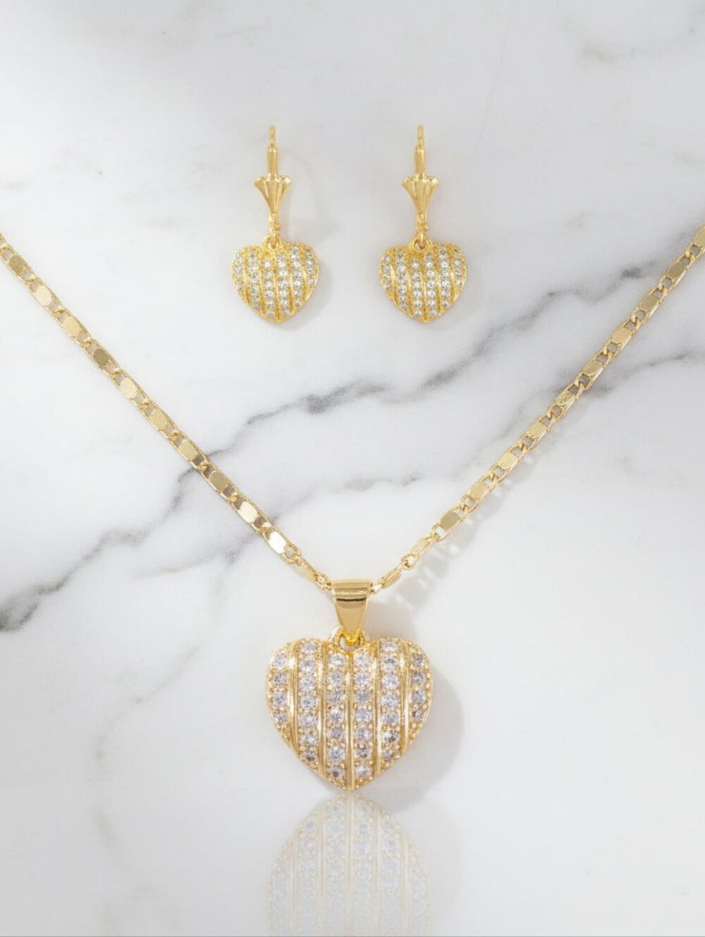 18K Gold Filled Heart of Venice Domed Pavé Heart Necklace & Earrings Set